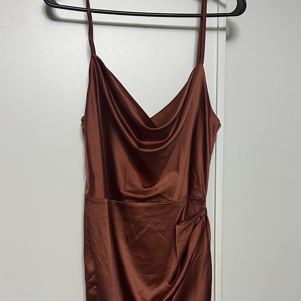Satin Cowl Neck Slip Dress in Brown